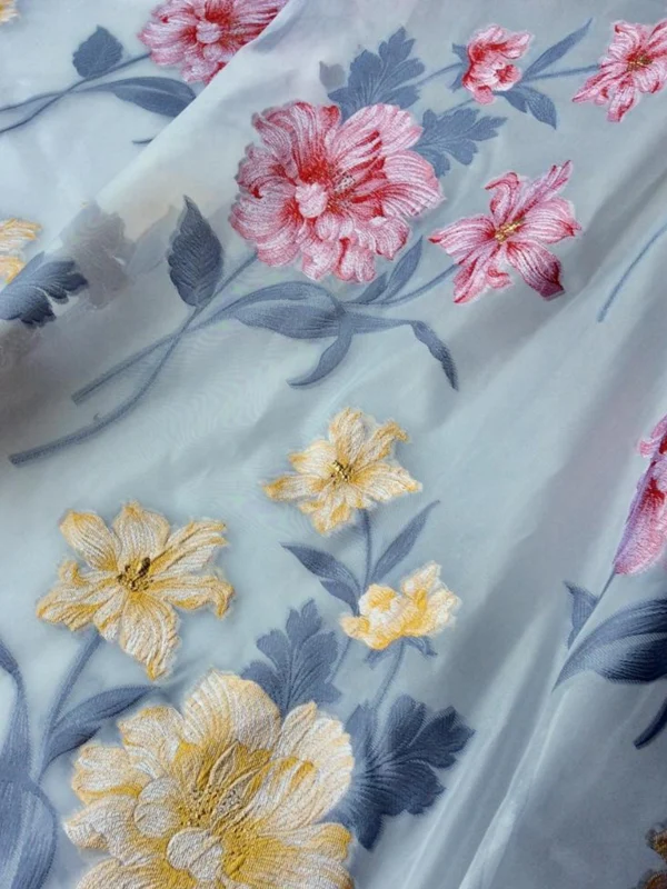 Robe 2 Pièces Mère de la Mariée Florale en Mousseline à Col Rond Ligne A/Princesse Longueur Midi Manches 3/4 à Volants