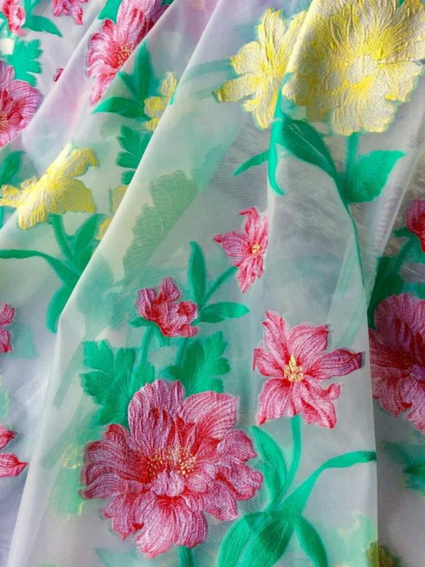 Robe 2 Pièces Mère de la Mariée Florale en Mousseline à Col Rond Ligne A/Princesse Longueur Midi Manches 3/4 à Volants