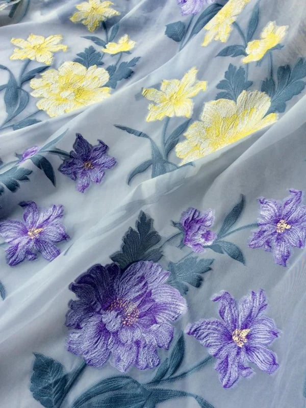 Robe 2 Pièces Mère de la Mariée Florale en Mousseline à Col Rond Ligne A/Princesse Longueur Midi Manches 3/4 à Volants