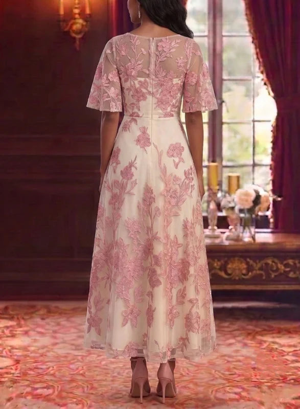 Robe Mère de la Mariée Florale en Dentelle Brodée à Col Rond Ligne A/Princesse Longueur Cheville Manches Courtes