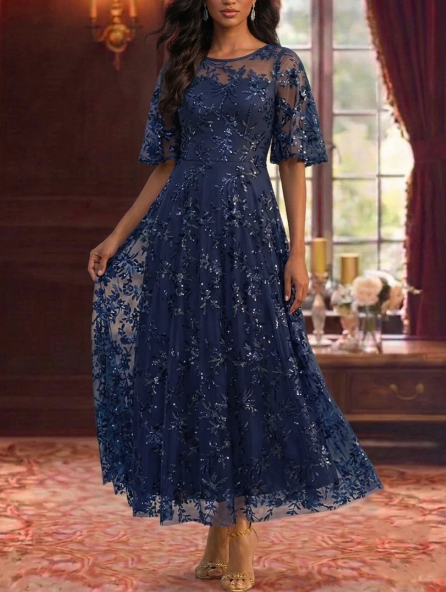 Robe Mère de la Mariée Florale en Dentelle à Col Rond Ligne A/Princesse Longueur Cheville Manches Courtes