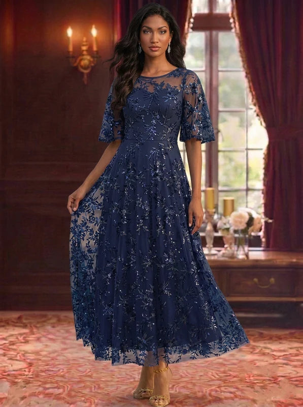 Robe Mère de la Mariée Florale en Dentelle à Col Rond Ligne A/Princesse Longueur Cheville Manches Courtes
