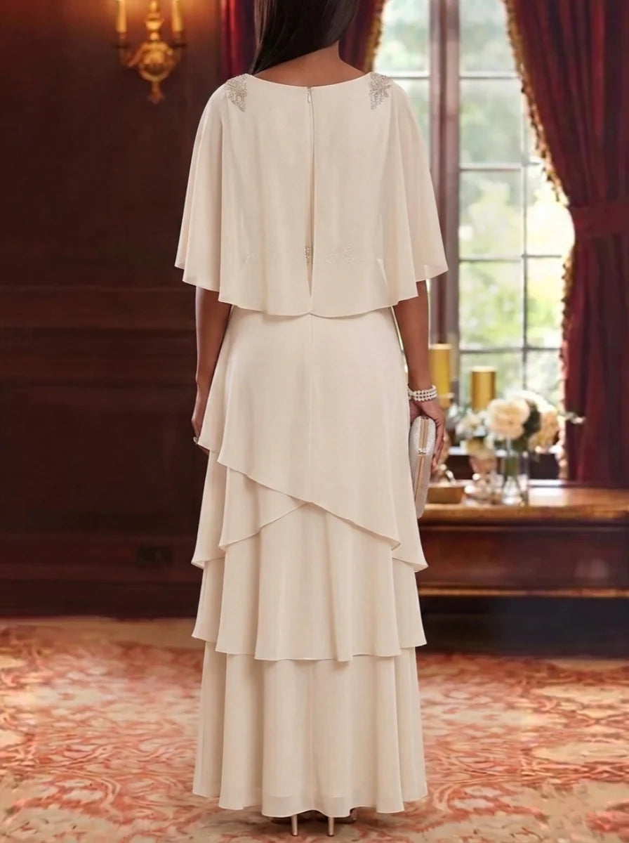 Robe Mère de la Mariée en Mousseline à Col Drapé Ligne A/Princesse Longueur au Sol Manches Cape avec Ceinture à Volants