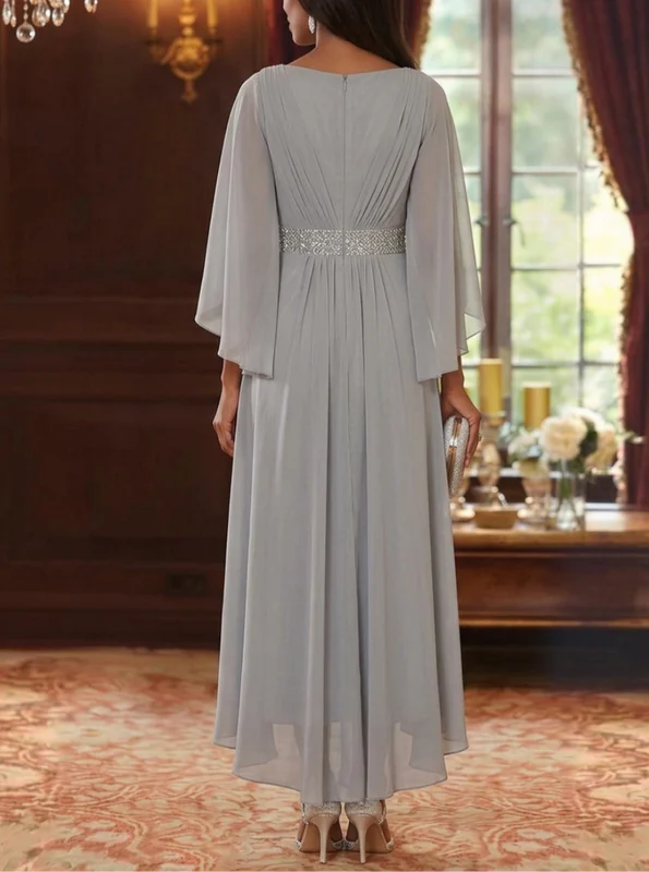Robe Mère de la Mariée en Mousseline à Col Carré Ligne A/Princesse Longueur Midi Haut-Bas Manches 3/4 avec Ceinture à Paillettes