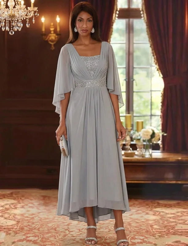 Robe Mère de la Mariée en Mousseline à Col Carré Ligne A/Princesse Longueur Midi Haut-Bas Manches 3/4 avec Ceinture à Paillettes