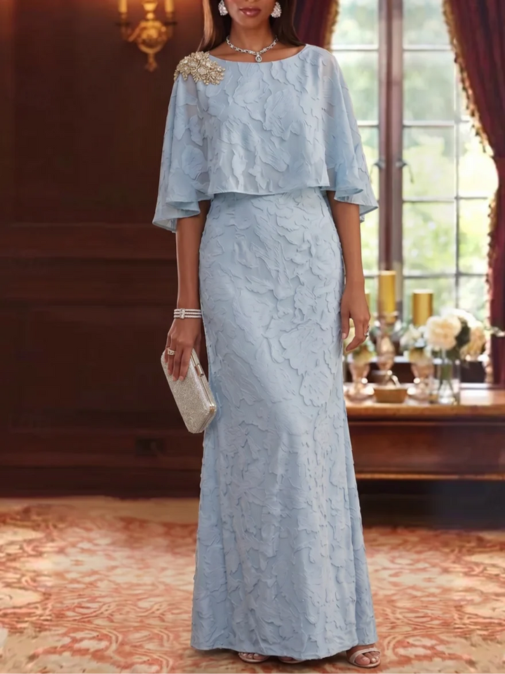 Robe Mère de la Mariée en Mousseline Florale à Col Rond Gaine/Colonne Longueur au Sol Manches Cape avec Strass