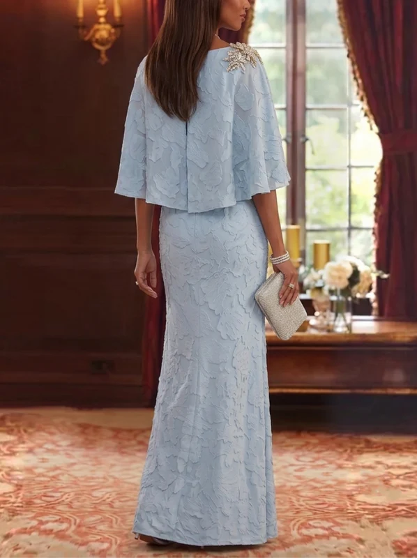 Robe Mère de la Mariée en Mousseline Florale à Col Rond Gaine/Colonne Longueur au Sol Manches Cape avec Strass