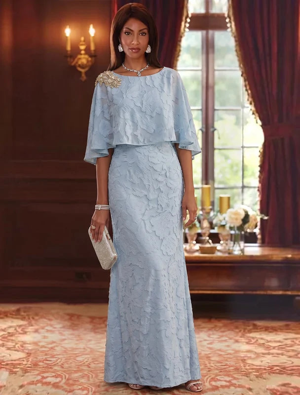 Robe Mère de la Mariée en Mousseline Florale à Col Rond Gaine/Colonne Longueur au Sol Manches Cape avec Strass