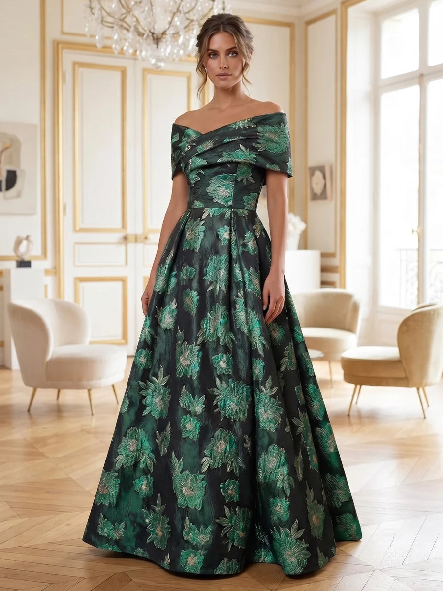 Robe Mère de la Mariée Ligne A/Princesse en Jacquard Florale Hors de l'Épaule Sans Manches Longueur au Sol