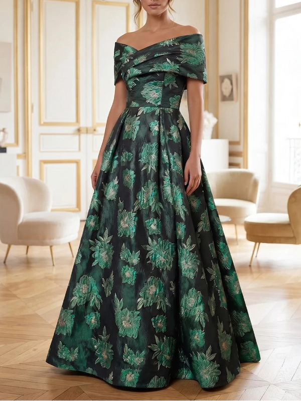 Robe Mère de la Mariée Ligne A/Princesse en Jacquard Florale Hors de l'Épaule Sans Manches Longueur au Sol