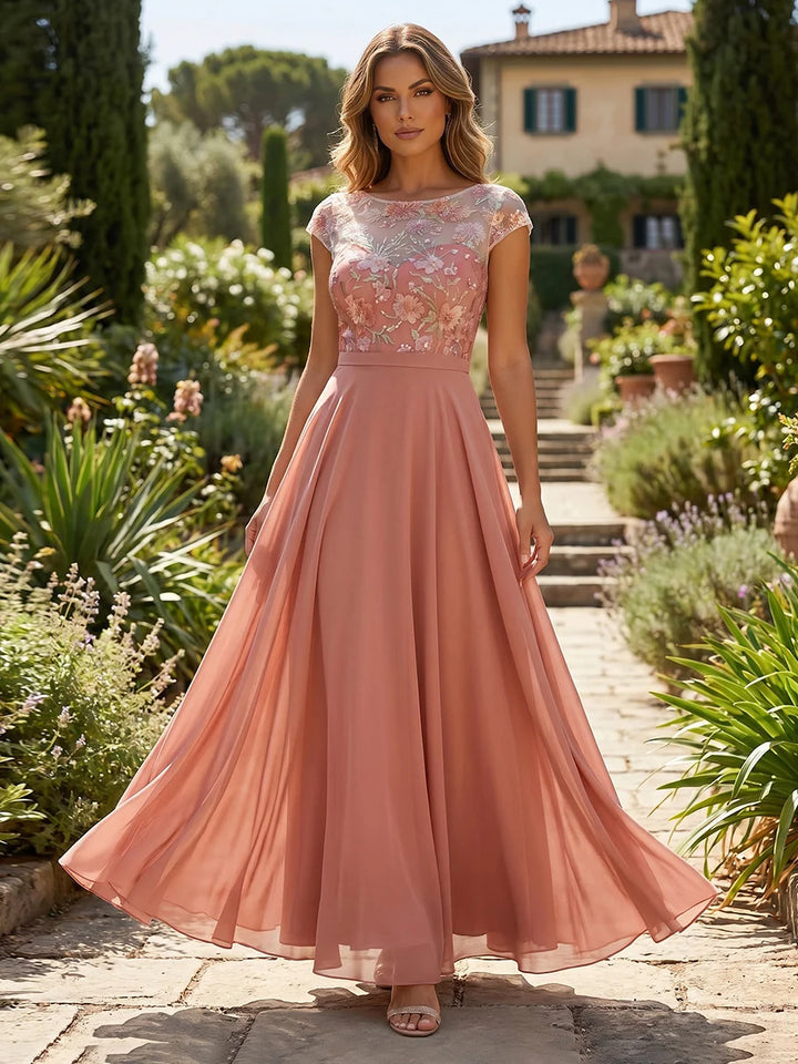 Robe Mère de la Mariée Ligne A/Princesse en Mousseline Florale à Col Rond Manches Cape Longueur Cheville