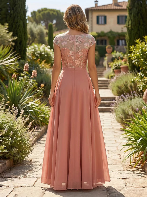 Robe Mère de la Mariée Ligne A/Princesse en Mousseline Florale à Col Rond Manches Cape Longueur Cheville