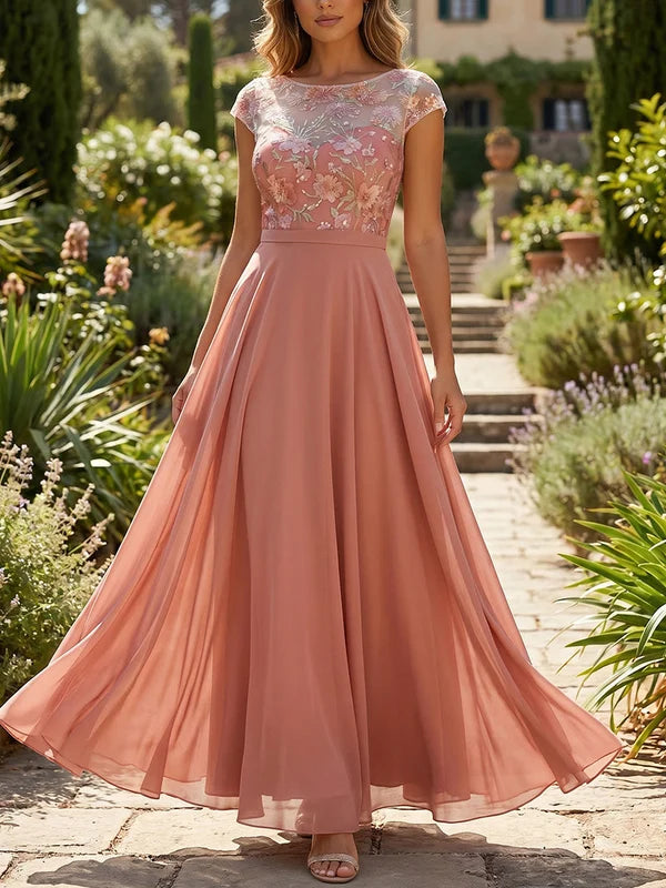 Robe Mère de la Mariée Ligne A/Princesse en Mousseline Florale à Col Rond Manches Cape Longueur Cheville