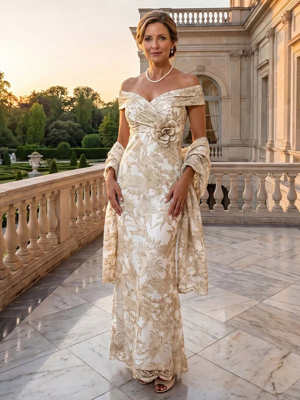 Robe Mère de la Mariée Gaine/Colonne en Jacquard Florale Hors de l'Épaule Sans Manches Longueur Cheville avec Fleurs 3D