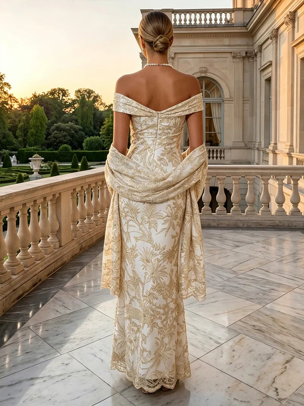 Robe Mère de la Mariée Gaine/Colonne en Jacquard Florale Hors de l'Épaule Sans Manches Longueur Cheville avec Fleurs 3D
