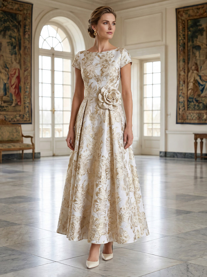 Robe Mère de la Mariée Ligne A/Princesse en Jacquard Florale à Col Rond Manches Courtes Longueur Cheville Florale