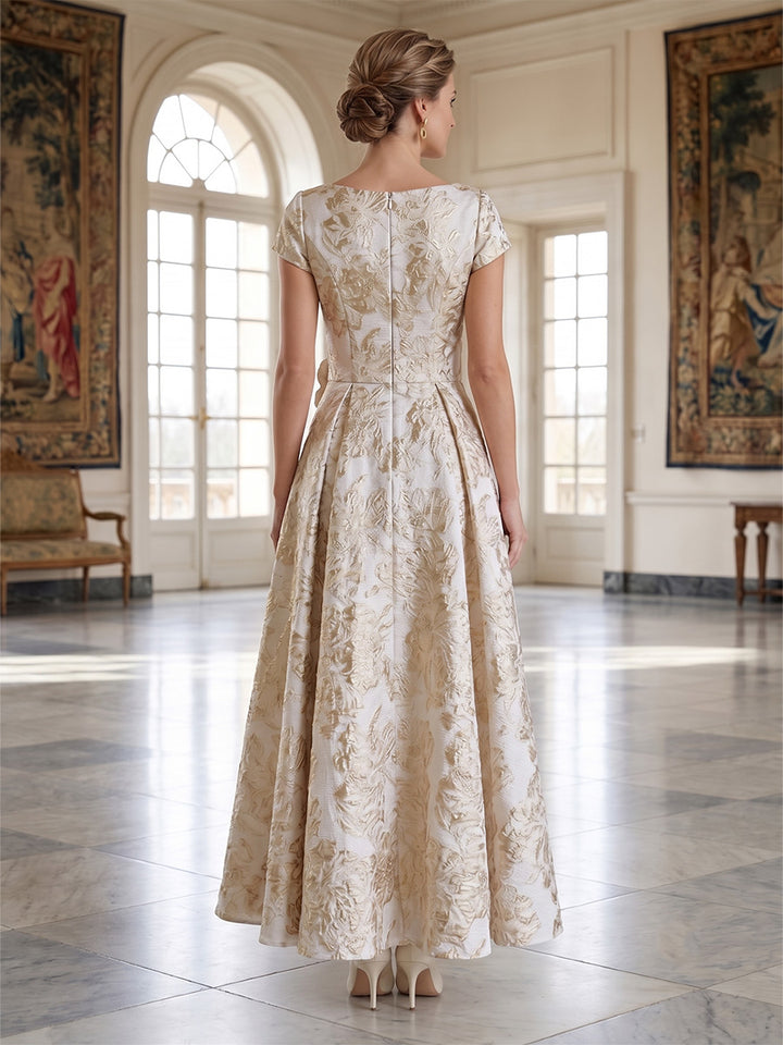 Robe Mère de la Mariée Ligne A/Princesse en Jacquard Florale à Col Rond Manches Courtes Longueur Cheville Florale
