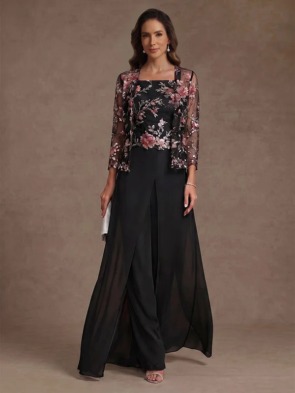 3 Pièces Tailleur-Pantalon Mère de la Mariée Florale en Mousseline à Col Carré Longueur Cheville Manches 3/4 avec SurJupe