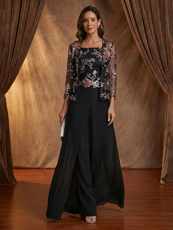 3 Pièces Tailleur-Pantalon Mère de la Mariée Florale en Mousseline à Col Carré Longueur Cheville Manches 3/4 avec SurJupe