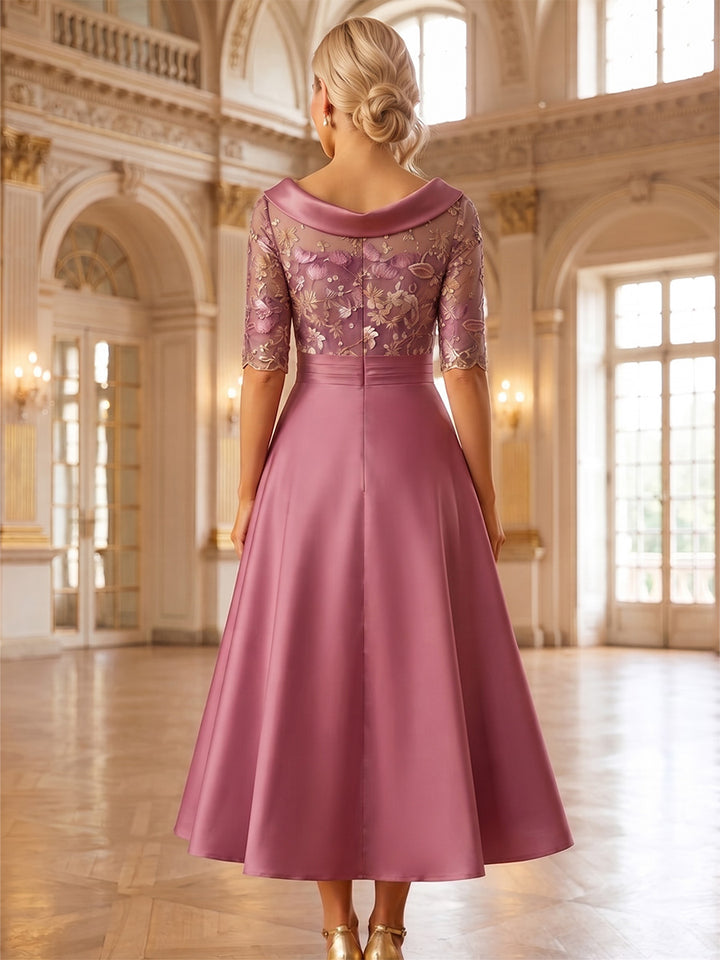 Robe Mère de la Mariée Ligne A/Princesse en Satin à Col Rond Manches Mi-Longues Longueur Midi