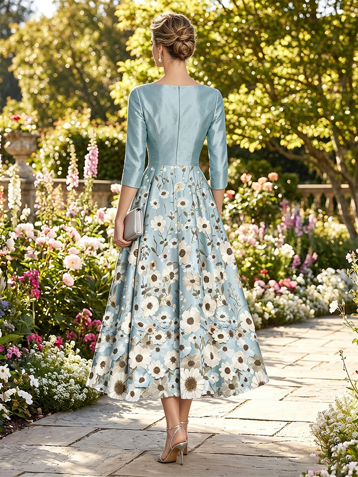 Robe Mère de la Mariée Ligne A/Princesse en Satin Florale Col V Manches 3/4 Longueur Midi