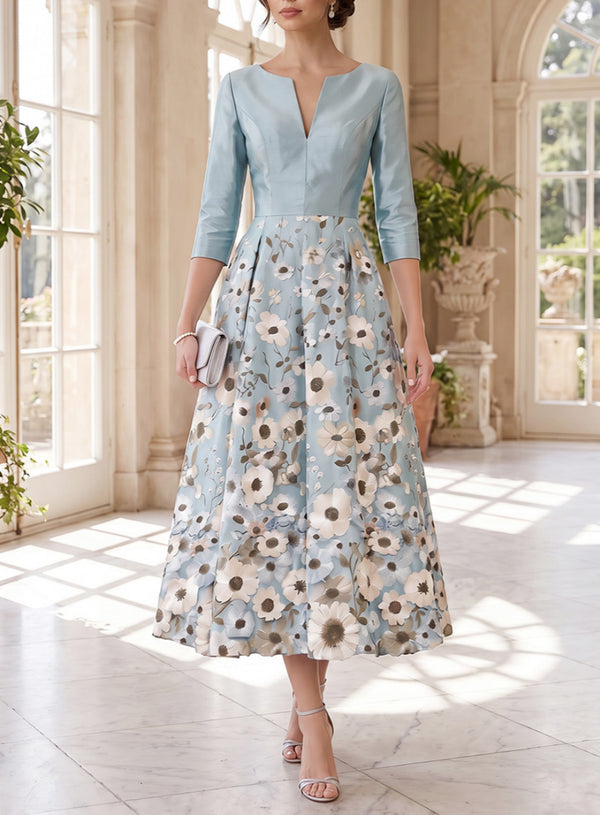 Robe Mère de la Mariée Ligne A/Princesse en Satin Florale Col V Manches 3/4 Longueur Midi