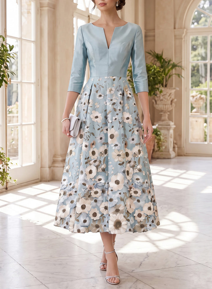Robe Mère de la Mariée Ligne A/Princesse en Satin Florale Col V Manches 3/4 Longueur Midi