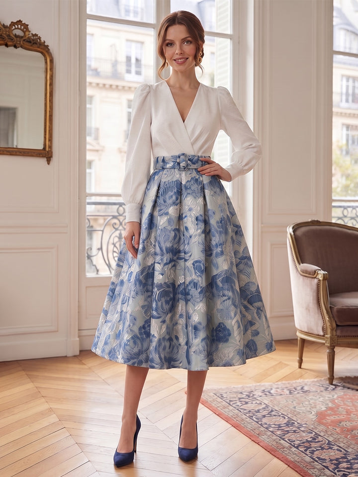 Robe Mère de la Mariée Ligne A/Princesse en Florale Jacquard Col en V Manches Longues Longueur Midi avec Ceinture