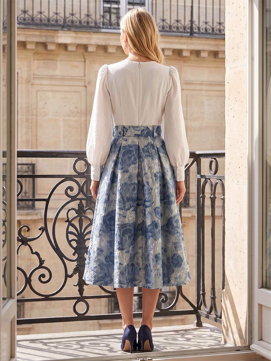 Robe Mère de la Mariée Ligne A/Princesse en Florale Jacquard Col en V Manches Longues Longueur Midi avec Ceinture