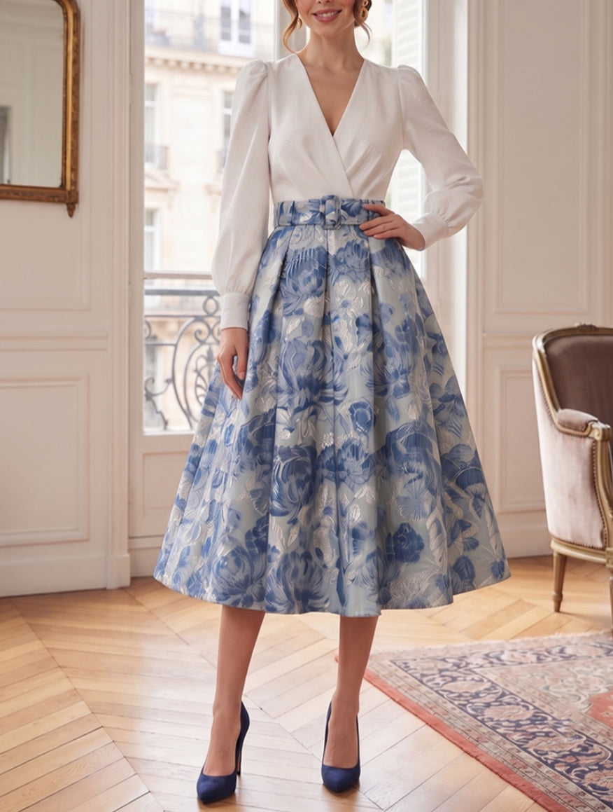 Robe Mère de la Mariée Ligne A/Princesse en Florale Jacquard Col en V Manches Longues Longueur Midi avec Ceinture
