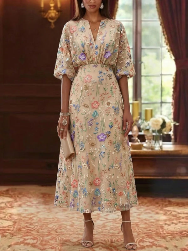 Robe Mère de la Mariée Ligne A/Princesse Dentelle Brodée Col V Manches Mi-Longues Longueur Midi