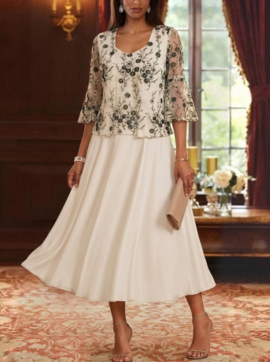 Robe Mère de la Mariée Ligne A/Princesse Florale Dentelle Brodée Col en V Manches 3/4 Longueur Midi avec Veste