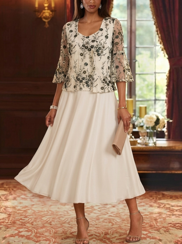 Robe Mère de la Mariée Ligne A/Princesse Florale Dentelle Brodée Col en V Manches 3/4 Longueur Midi avec Veste
