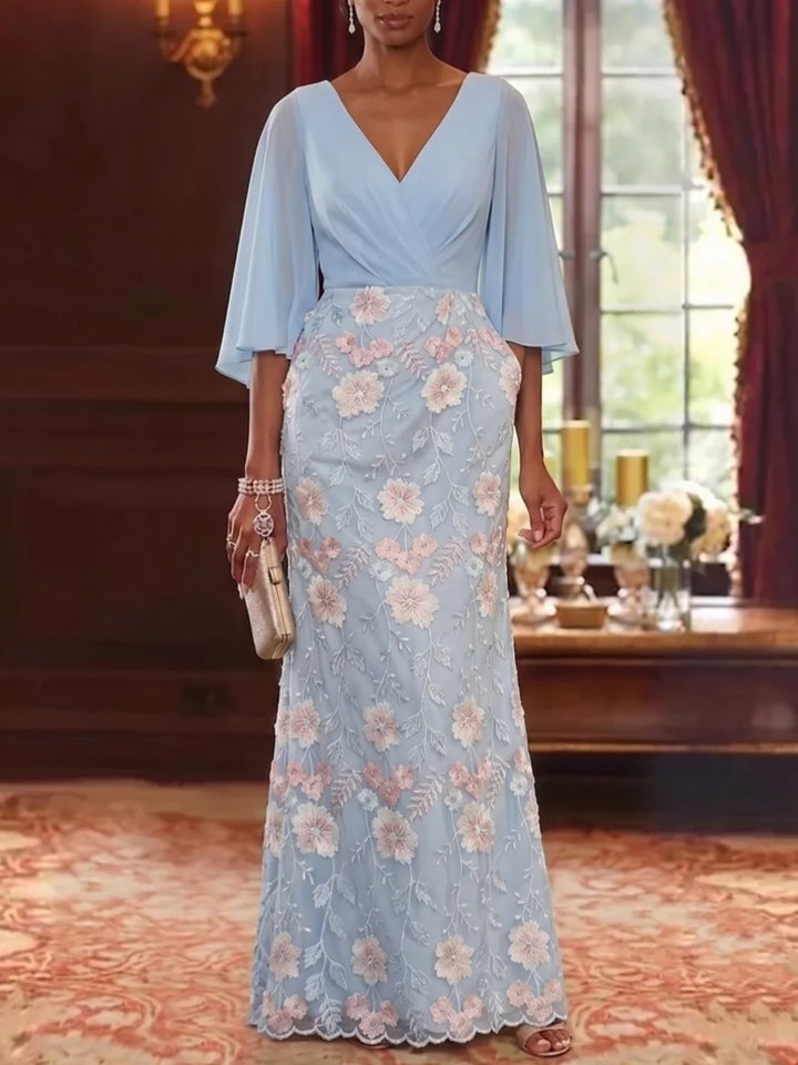 Robe Mère de la Mariée Gaine/Colonne Dentelle Brodée en Mousseline Col V Manches 3/4 Longueur au Sol