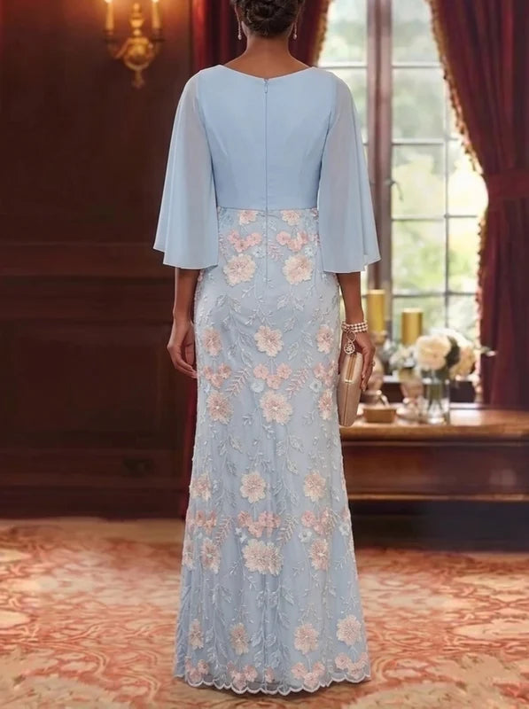 Robe Mère de la Mariée Gaine/Colonne Dentelle Brodée en Mousseline Col V Manches 3/4 Longueur au Sol