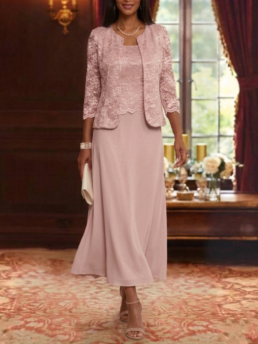 Robe Mère de la Mariée Ligne A/Princesse Florale en Mousseline à Col Rond Manches 3/4 Longueur Midi