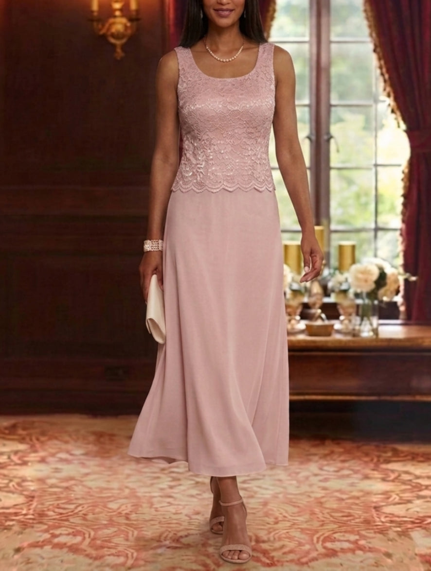 Robe Mère de la Mariée Ligne A/Princesse Florale en Mousseline à Col Rond Manches 3/4 Longueur Midi