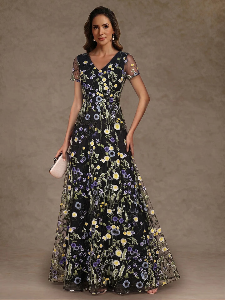 Robe Mère de la Mariée Florale Ligne A/Princess Dentelle Brodée à Col V Longueur au Sol Manches Courtes