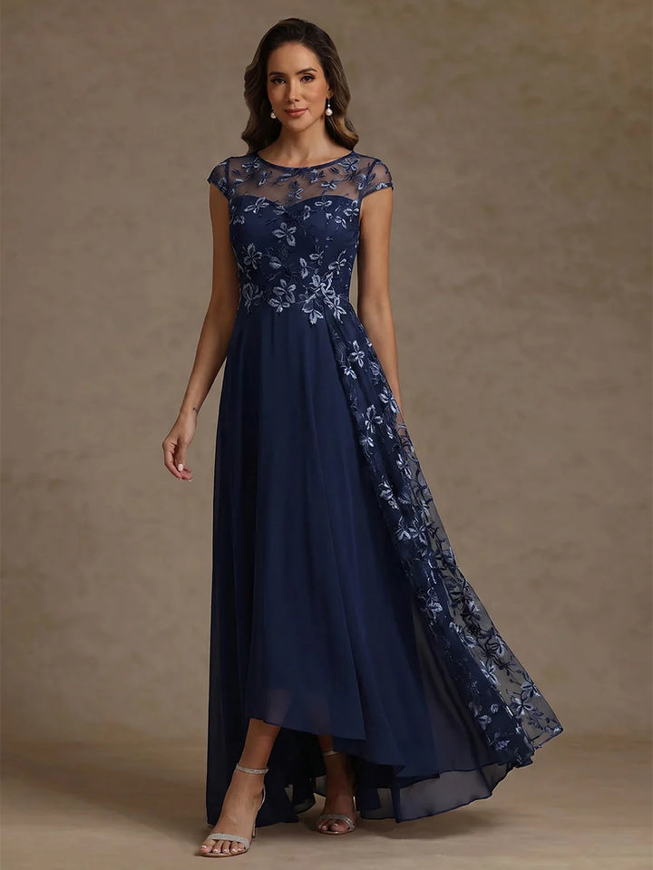 Robe Mère de la Mariée Florale Ligne A/Princess en Mousseline à Col Rond Longueur Cheville Manches Courtes