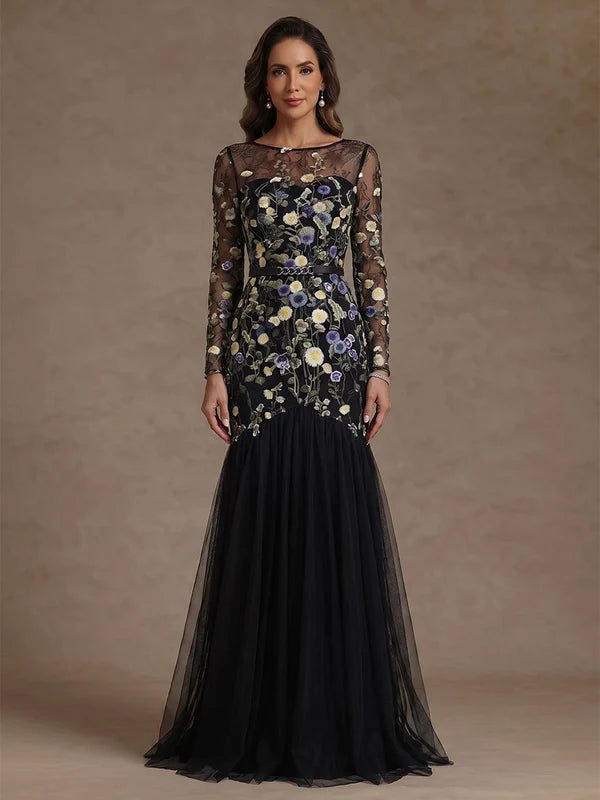 Robe Mère de la Mariée Florale Trompette/Sirène Dentelle Brodée à Col Rond Longueur au Sol Manches Longues