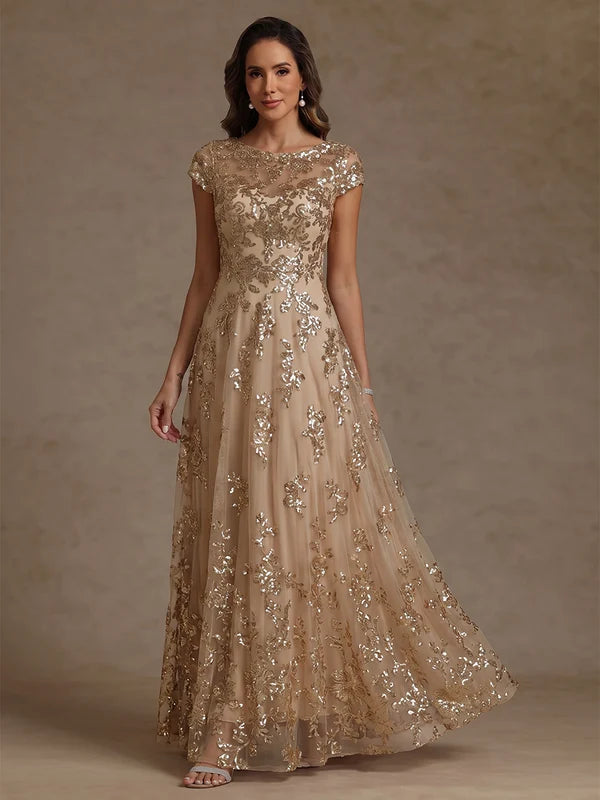 Robe Mère de la Mariée Ligne A/Princesse à Paillettes Col Rond Longueur au Sol Manches Courtes