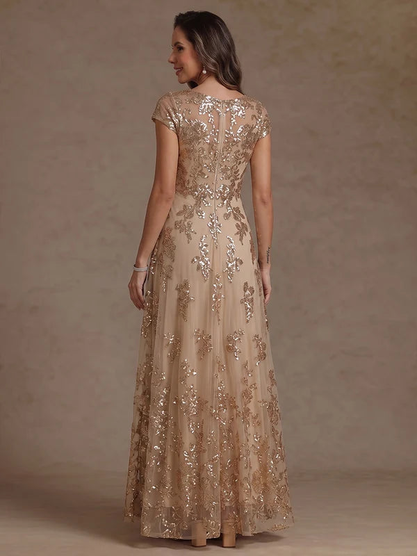 Robe Mère de la Mariée Ligne A/Princesse à Paillettes Col Rond Longueur au Sol Manches Courtes