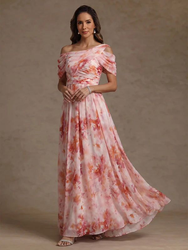 Robe Mère de la Mariée Ligne A/Princesse en Mousseline Florale Une Épaule Nue Longueur au Sol Sans Manches