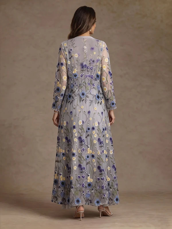 Robe Mère de la Mariée Ligne A/Princesse en Mousseline à Col V Longueur Midi Haut-Bas Manches Longues avec Veste