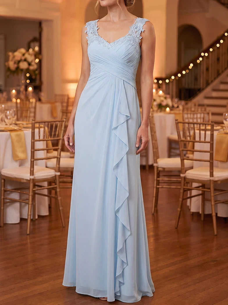 Robe Mère de la Mariée Ligne A/Princesse en Mousseline Col Cœur Sans Manches Longueur au Sol à Volantes
