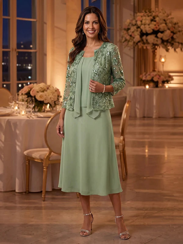 Robe Mère de la Mariée 2 Pièces Ligne A/Princesse en Mousseline Col Rond Manches 3/4 Longueur Midi