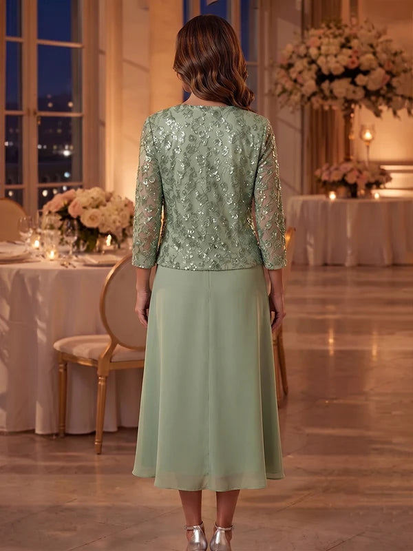 Robe Mère de la Mariée 2 Pièces Ligne A/Princesse en Mousseline Col Rond Manches 3/4 Longueur Midi