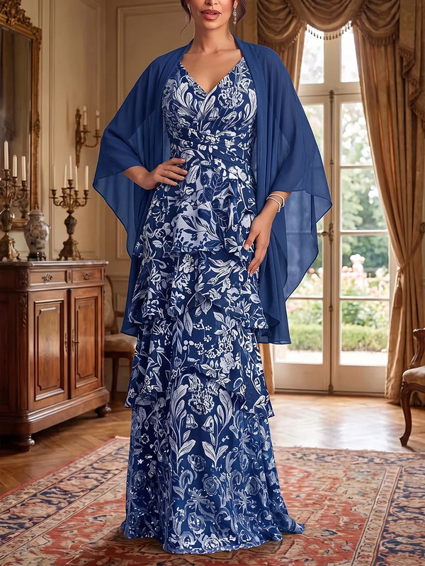 Robe Mère de la Mariée Ligne A/Princesse en Mousseline Florale Col V Sans Manches Longueur au Sol avec Châle