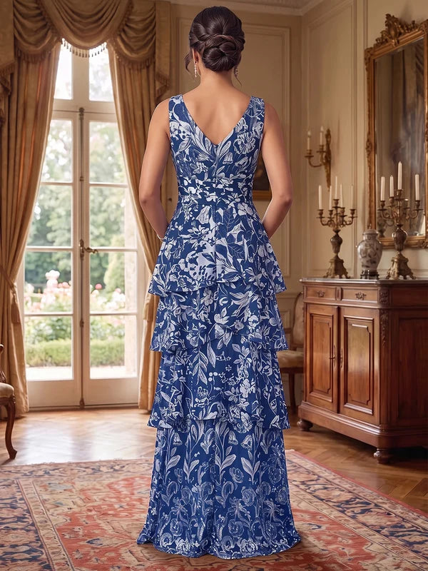 Robe Mère de la Mariée Ligne A/Princesse en Mousseline Florale Col V Sans Manches Longueur au Sol avec Châle