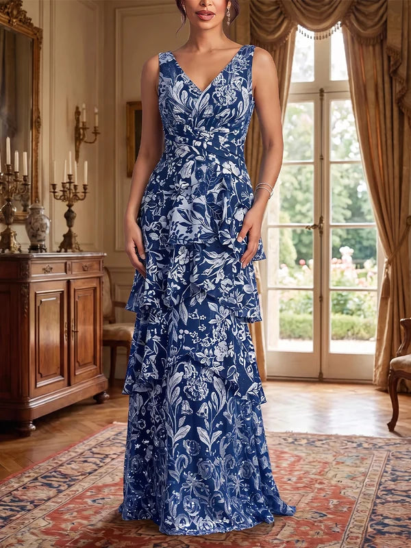 Robe Mère de la Mariée Ligne A/Princesse en Mousseline Florale Col V Sans Manches Longueur au Sol avec Châle